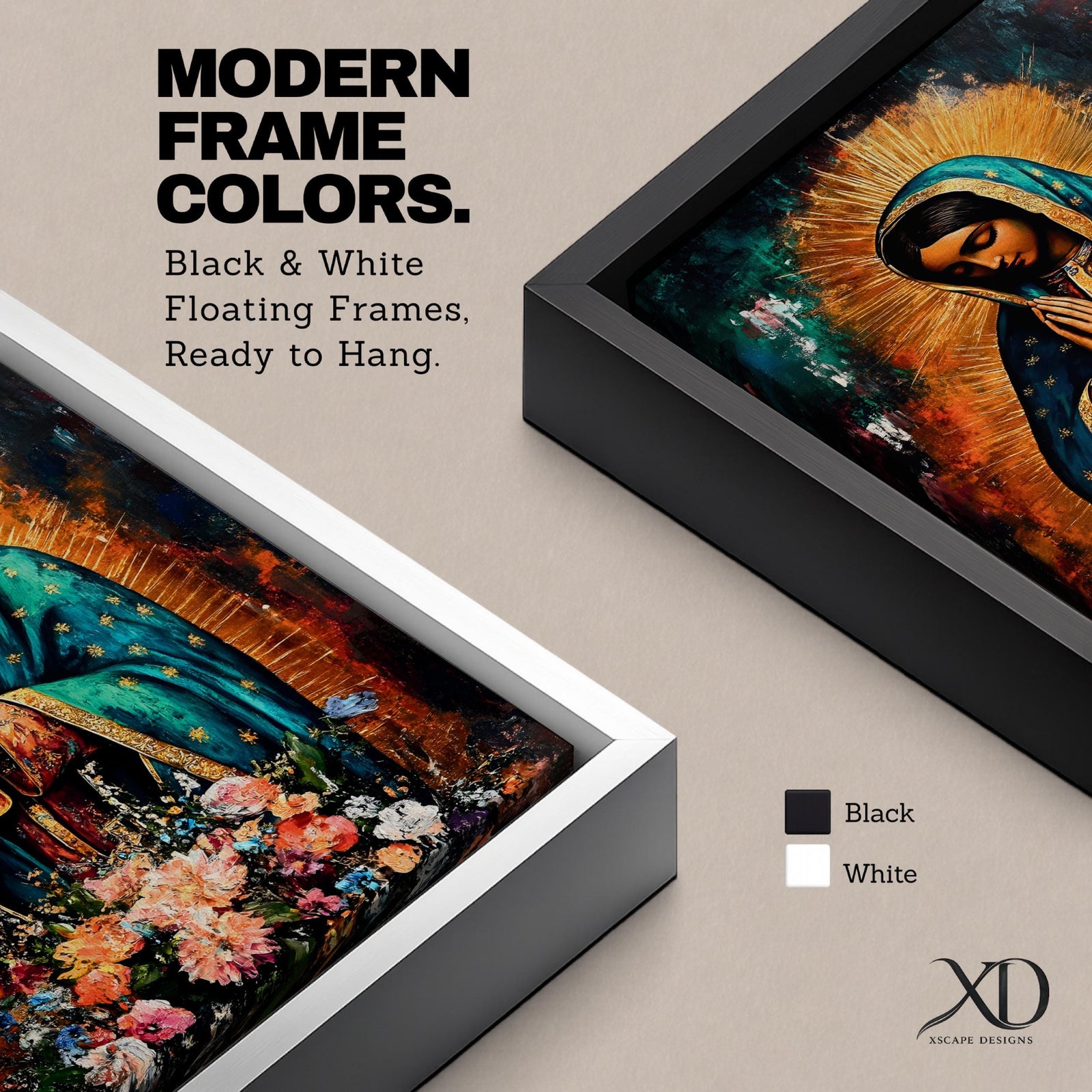 A vibrant framed canvas painting of Our Lady of Guadalupe depicts the Virgin of Guadalupe with hands clasped in prayer, wearing a teal mantle adorned with gold stars and surrounded by radiant light. The foreground features a colorful array of flowers, emphasizing the Catholic religious theme.
