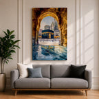 Painting of the Kaaba at Masjid al-Haram seen through a golden stone archway with pilgrims gathered in the courtyard and reflections on the marble floor.