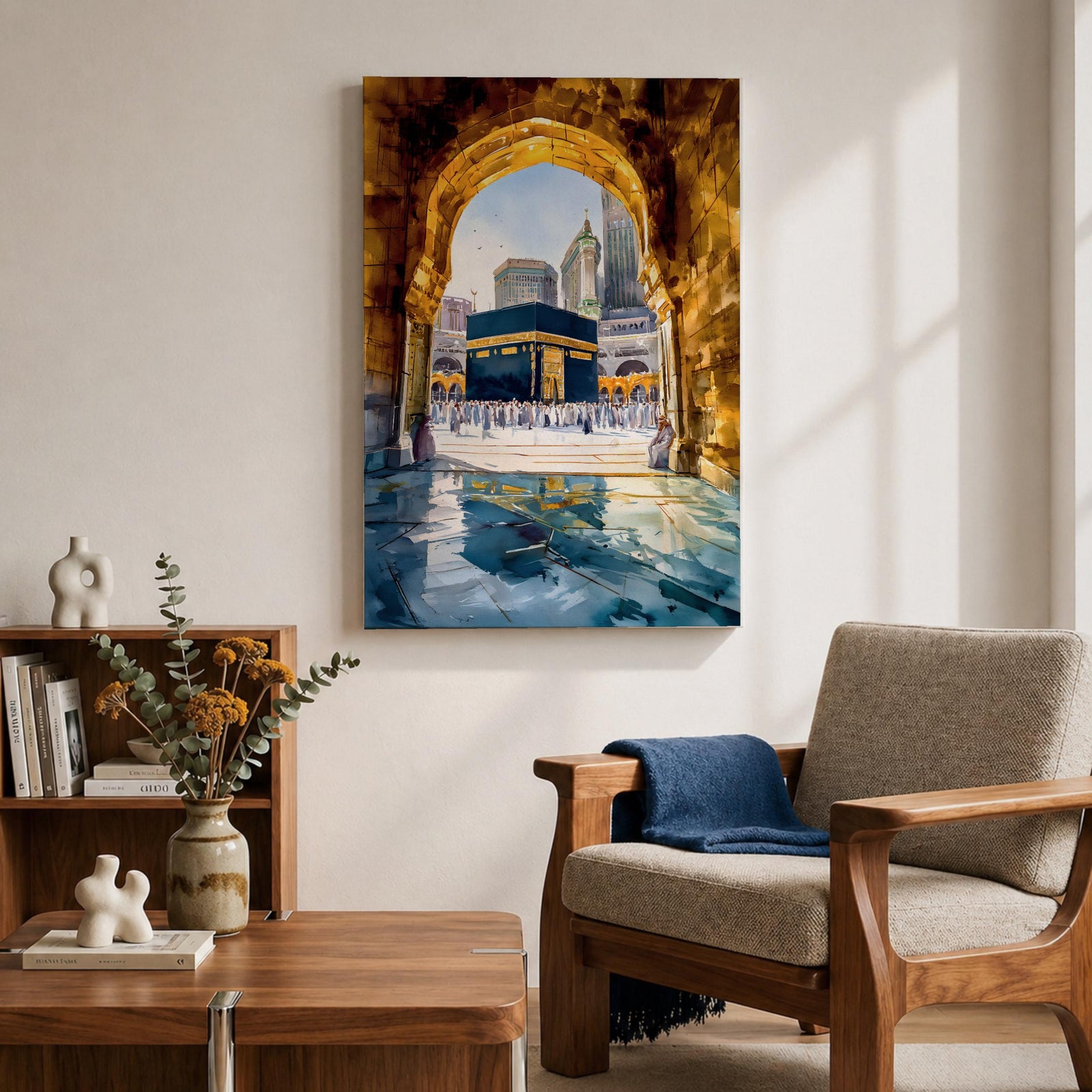 Painting of the Kaaba at Masjid al-Haram seen through a golden stone archway with pilgrims gathered in the courtyard and reflections on the marble floor.