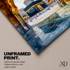 Painting of the Kaaba at Masjid al-Haram seen through a golden stone archway with pilgrims gathered in the courtyard and reflections on the marble floor.