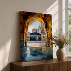 Painting of the Kaaba at Masjid al-Haram seen through a golden stone archway with pilgrims gathered in the courtyard and reflections on the marble floor.