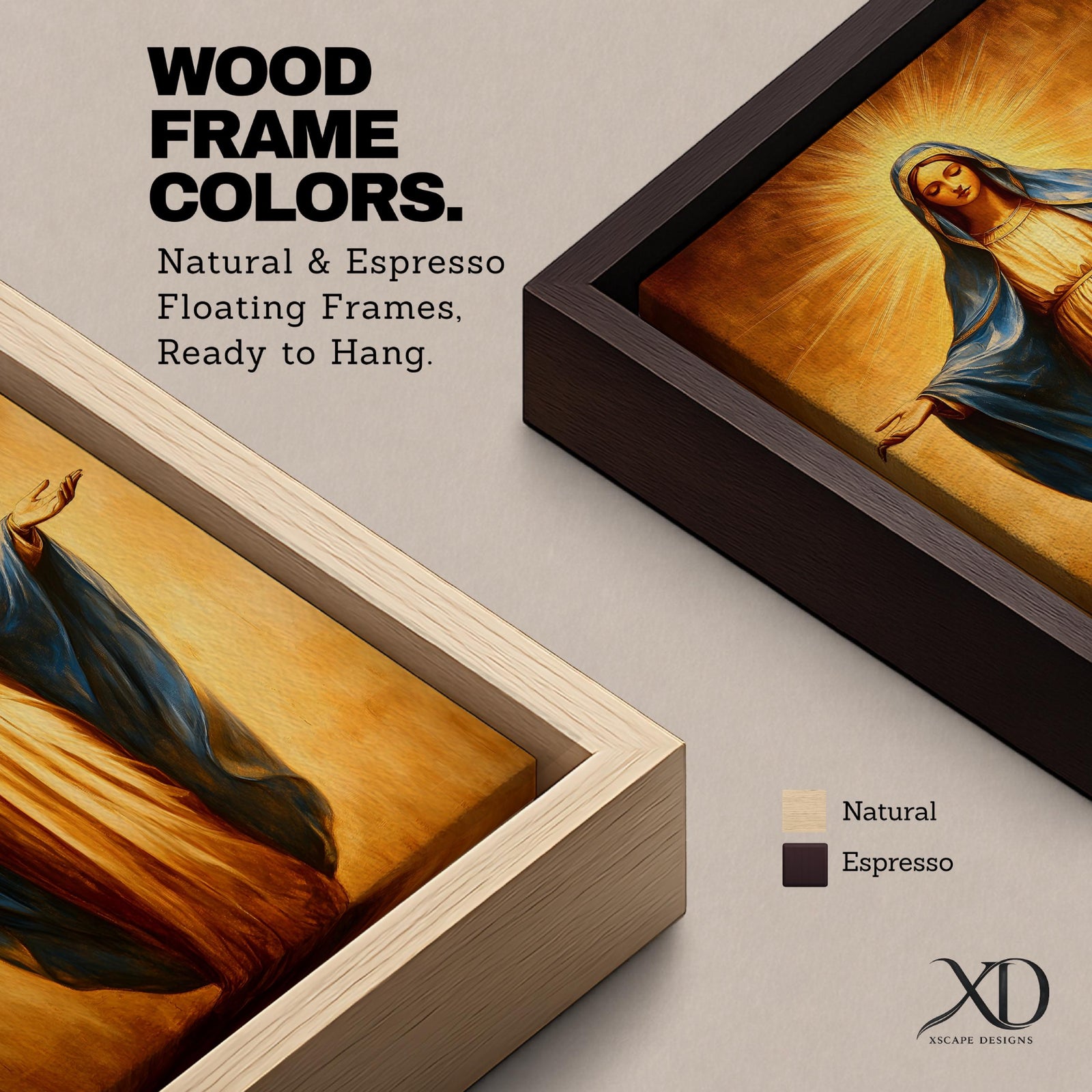 A vintage-style framed canvas painting of Our Lady of Grace depicts the Virgin Mary standing with open arms and a radiant halo behind her head. She wears a flowing robe with a blue mantle, rendered in warm tones and classic religious art style, emphasizing serenity and grace.