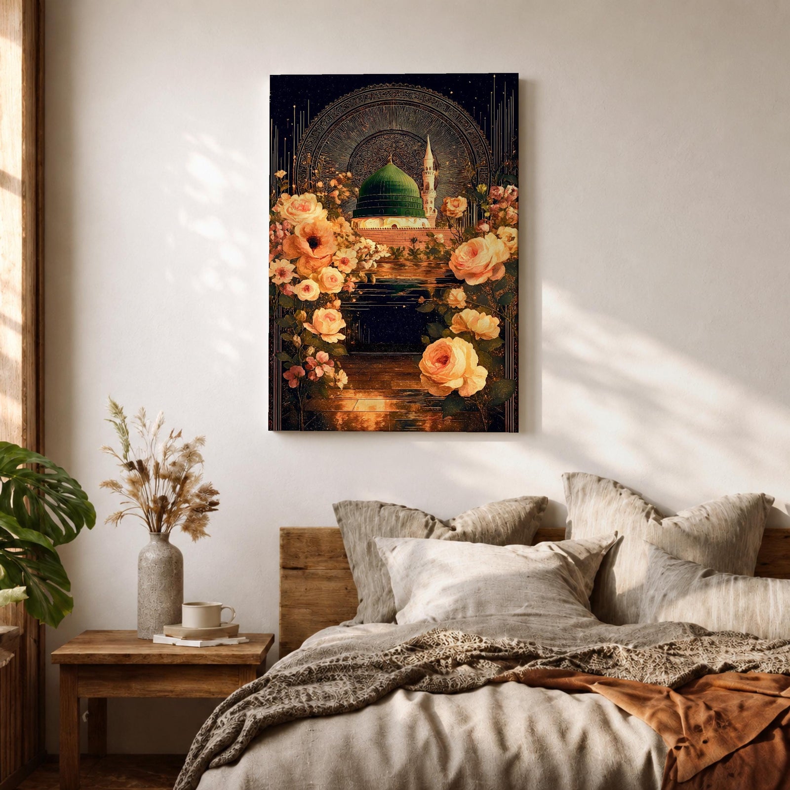 Masjid Al Nabawi artwork featuring the green dome in Medina surrounded by elegant Ottoman-style floral ornament and glowing night reflections.