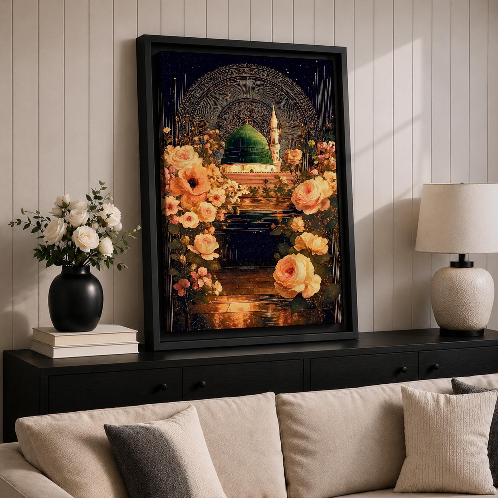 Masjid Al Nabawi artwork featuring the green dome in Medina surrounded by elegant Ottoman-style floral ornament and glowing night reflections.