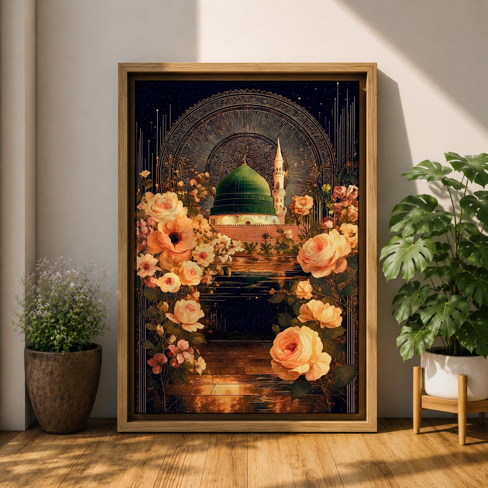 Masjid Al Nabawi artwork featuring the green dome in Medina surrounded by elegant Ottoman-style floral ornament and glowing night reflections.
