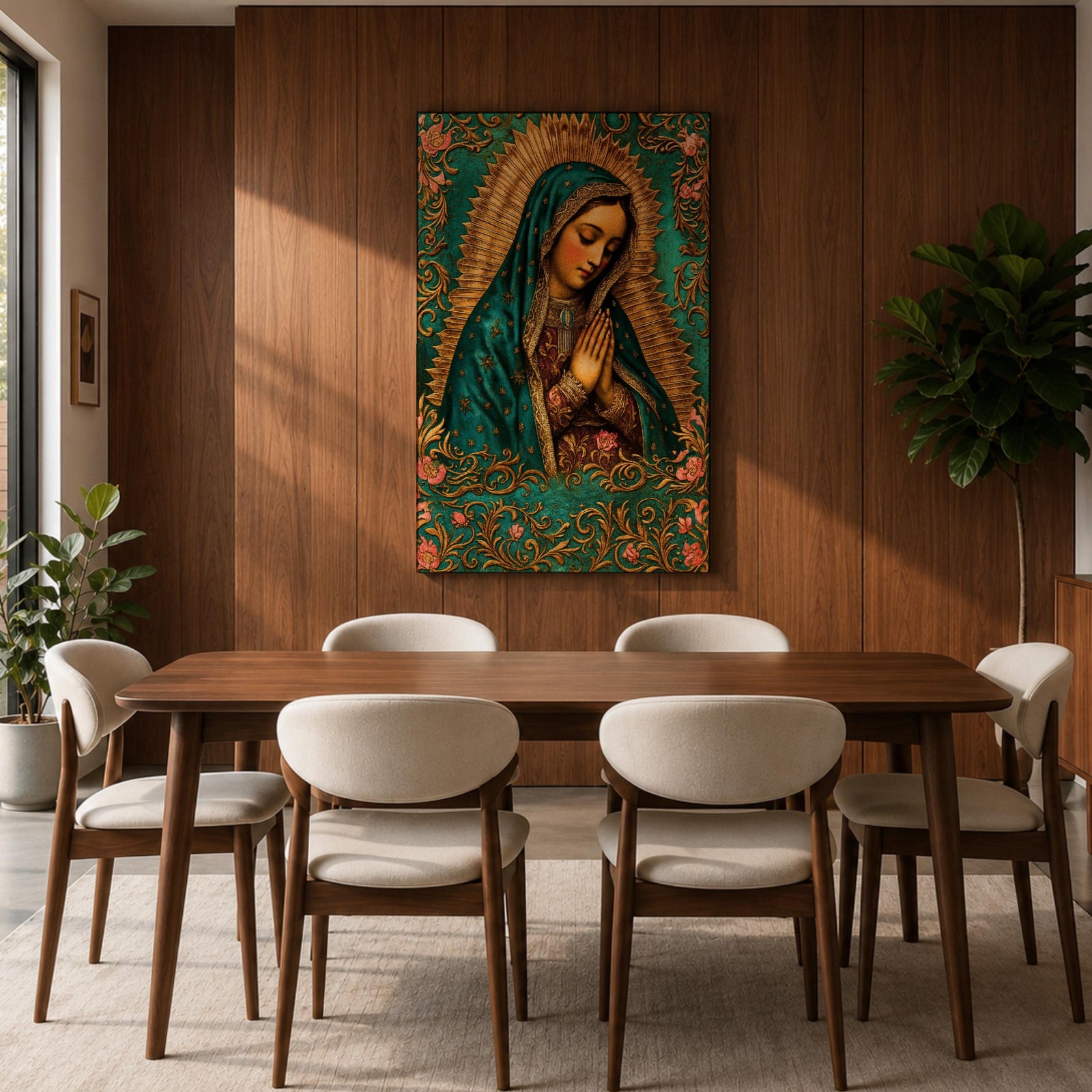 A vintage-style framed canvas depicting Our Lady of Guadalupe with her hands clasped in prayer, wearing a teal mantle adorned with stars and a golden halo radiating behind her. The artwork features intricate floral patterns surrounding the figure, emphasizing traditional Mexican Catholic iconography.