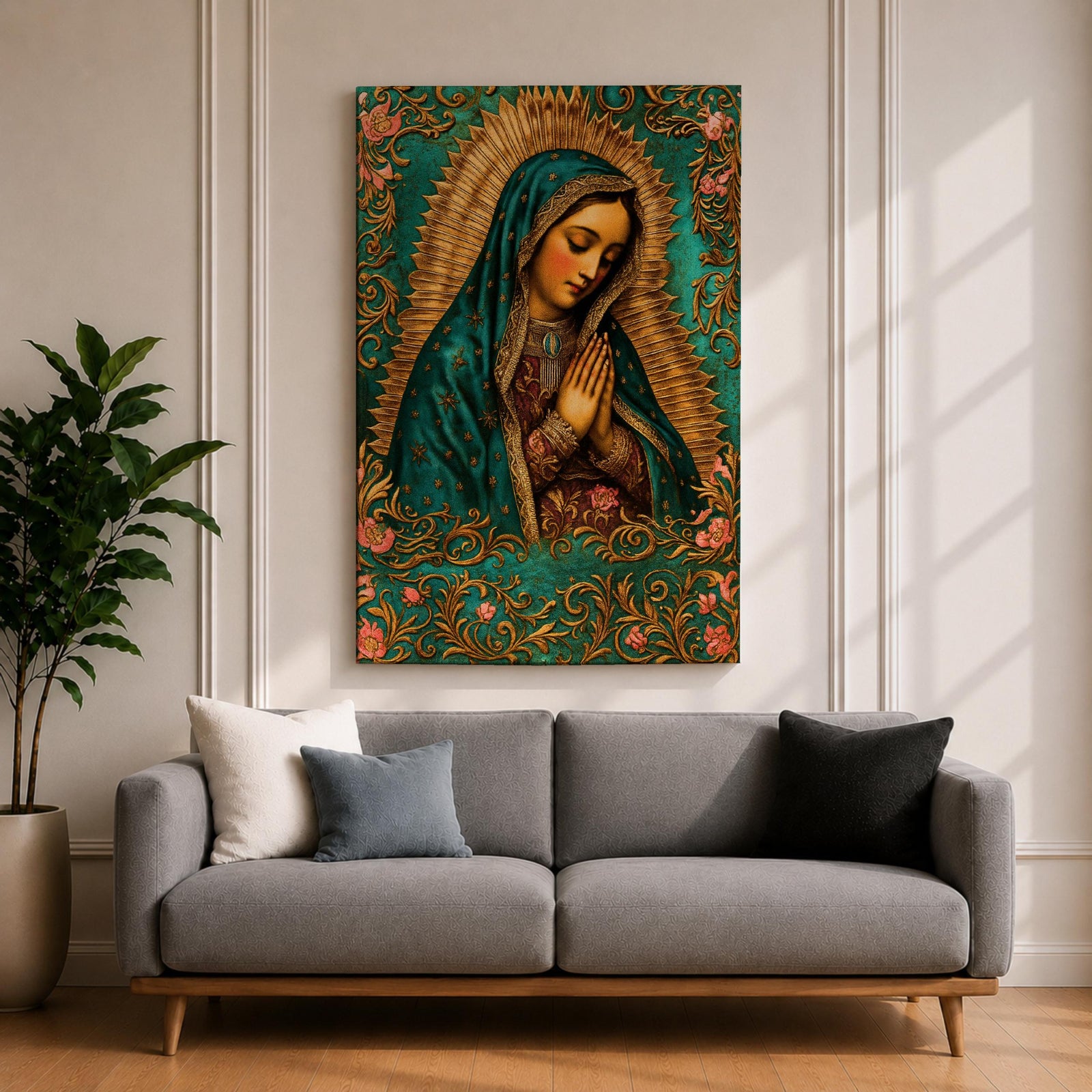 A vintage-style framed canvas depicting Our Lady of Guadalupe with her hands clasped in prayer, wearing a teal mantle adorned with stars and a golden halo radiating behind her. The artwork features intricate floral patterns surrounding the figure, emphasizing traditional Mexican Catholic iconography.