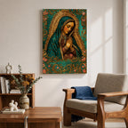 A vintage-style framed canvas depicting Our Lady of Guadalupe with her hands clasped in prayer, wearing a teal mantle adorned with stars and a golden halo radiating behind her. The artwork features intricate floral patterns surrounding the figure, emphasizing traditional Mexican Catholic iconography.