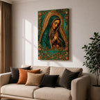 A vintage-style framed canvas depicting Our Lady of Guadalupe with her hands clasped in prayer, wearing a teal mantle adorned with stars and a golden halo radiating behind her. The artwork features intricate floral patterns surrounding the figure, emphasizing traditional Mexican Catholic iconography.
