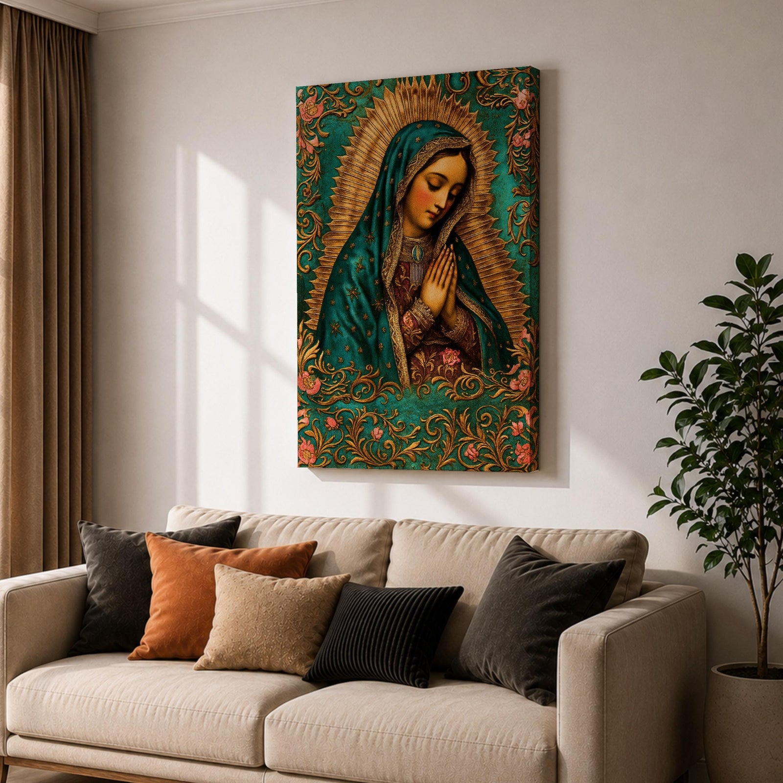 A vintage-style framed canvas depicting Our Lady of Guadalupe with her hands clasped in prayer, wearing a teal mantle adorned with stars and a golden halo radiating behind her. The artwork features intricate floral patterns surrounding the figure, emphasizing traditional Mexican Catholic iconography.