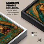 A vintage-style framed canvas depicting Our Lady of Guadalupe with her hands clasped in prayer, wearing a teal mantle adorned with stars and a golden halo radiating behind her. The artwork features intricate floral patterns surrounding the figure, emphasizing traditional Mexican Catholic iconography.