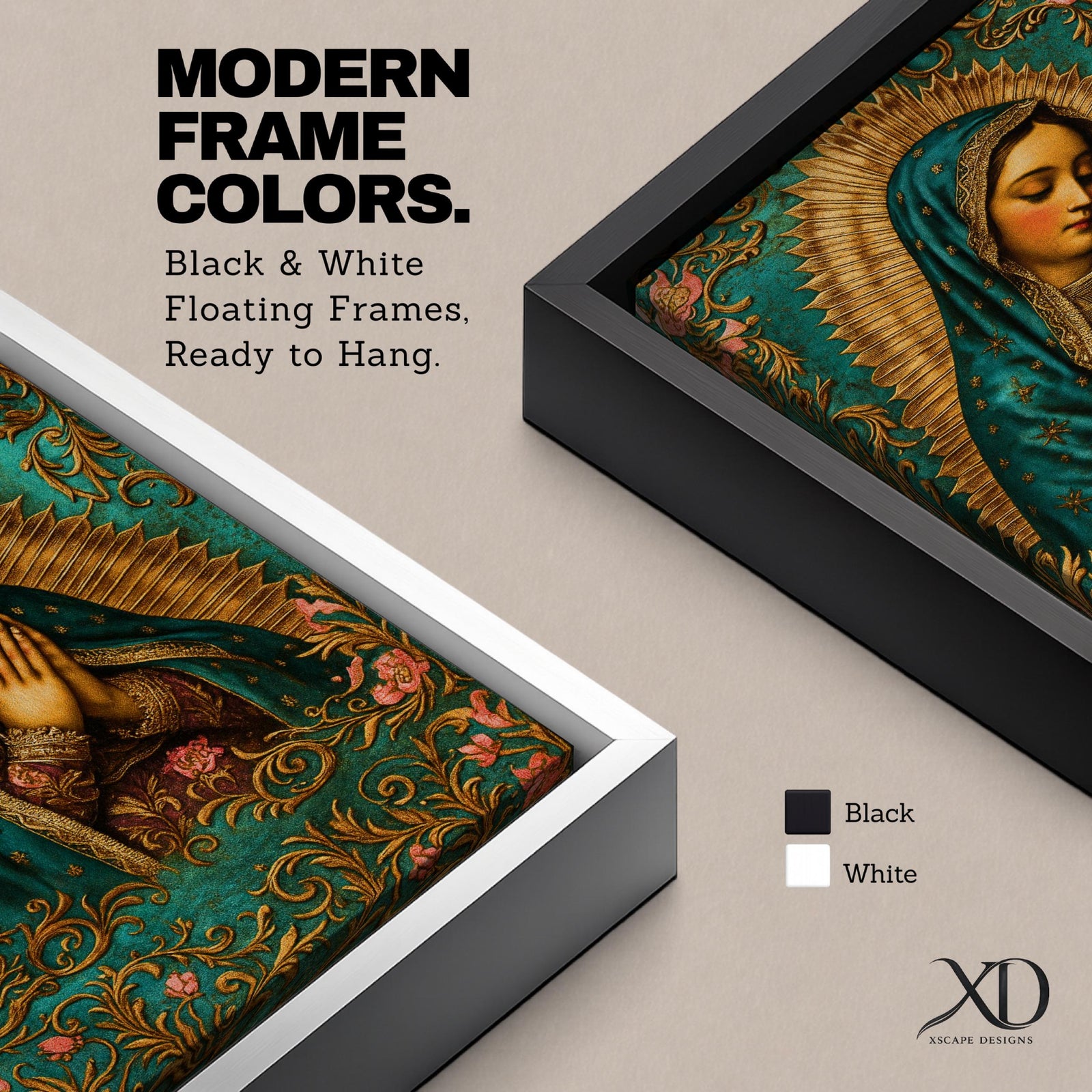 A vintage-style framed canvas depicting Our Lady of Guadalupe with her hands clasped in prayer, wearing a teal mantle adorned with stars and a golden halo radiating behind her. The artwork features intricate floral patterns surrounding the figure, emphasizing traditional Mexican Catholic iconography.