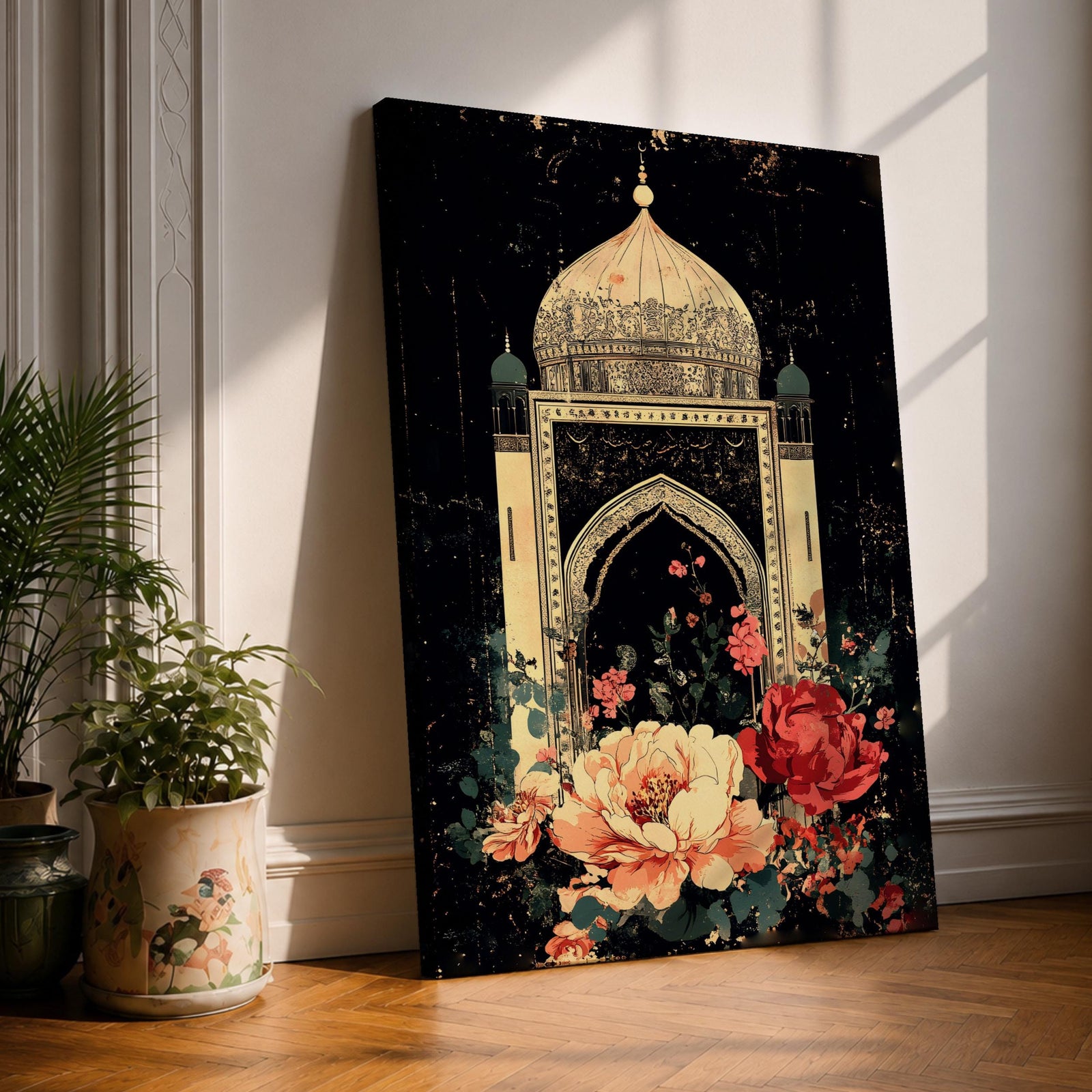 Vintage-style Islamic mosque artwork featuring a Mughal-inspired dome and ornate archway surrounded by blooming floral elements. The elegant architectural composition blends Indo-Islamic design with soft botanical details, creating a timeless Muslim home decor piece.