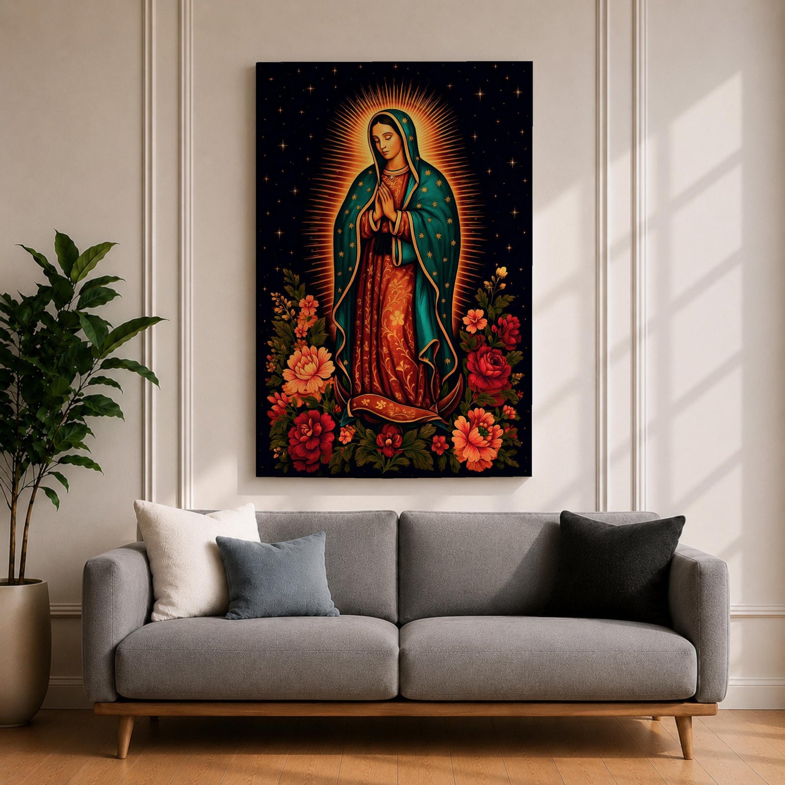 A detailed framed canvas wall art depicting Our Lady of Guadalupe standing with hands clasped in prayer, surrounded by radiant golden rays and vibrant floral arrangements, rendered in a classic Catholic style with rich symbolic elements and a dark starry background.