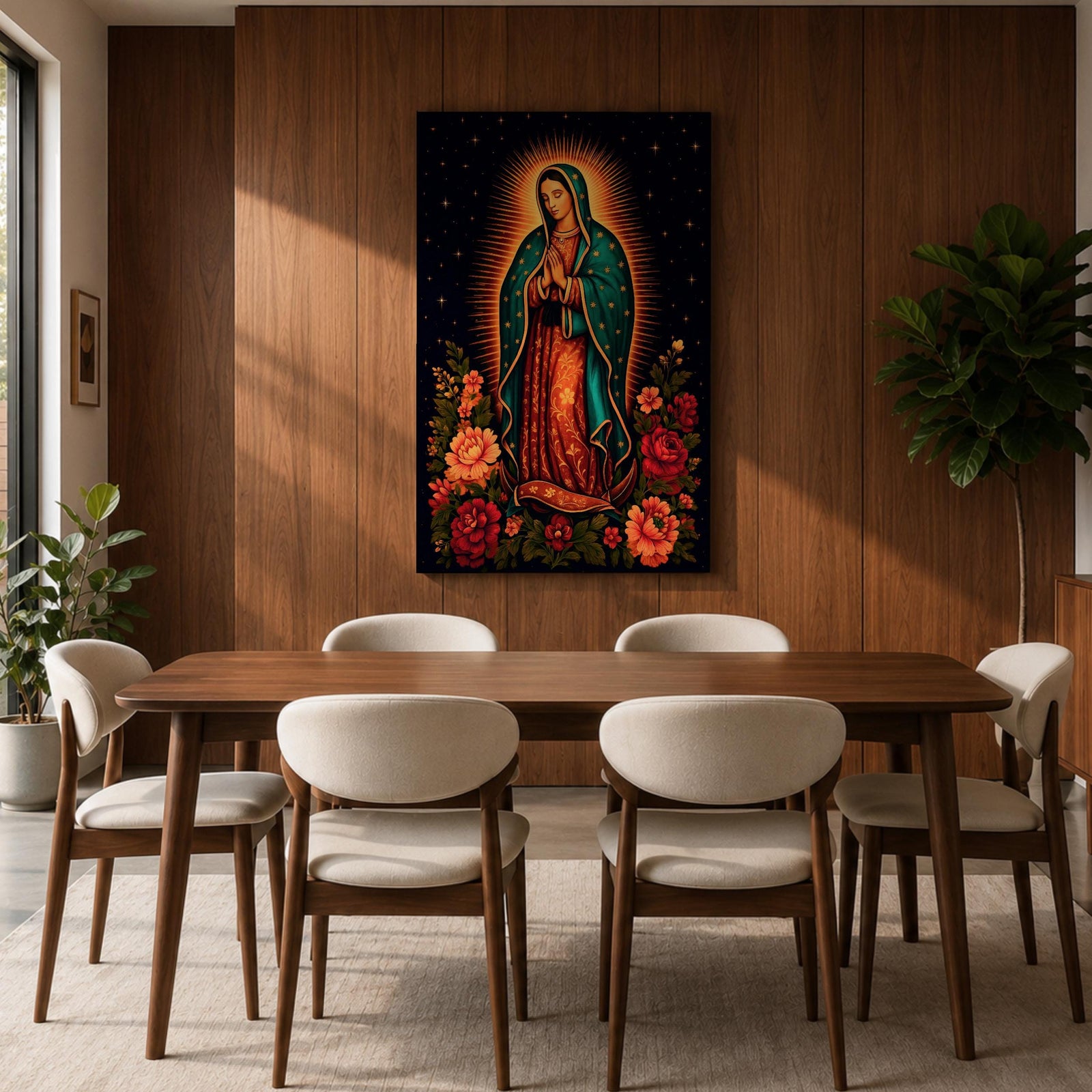 A detailed framed canvas wall art depicting Our Lady of Guadalupe standing with hands clasped in prayer, surrounded by radiant golden rays and vibrant floral arrangements, rendered in a classic Catholic style with rich symbolic elements and a dark starry background.