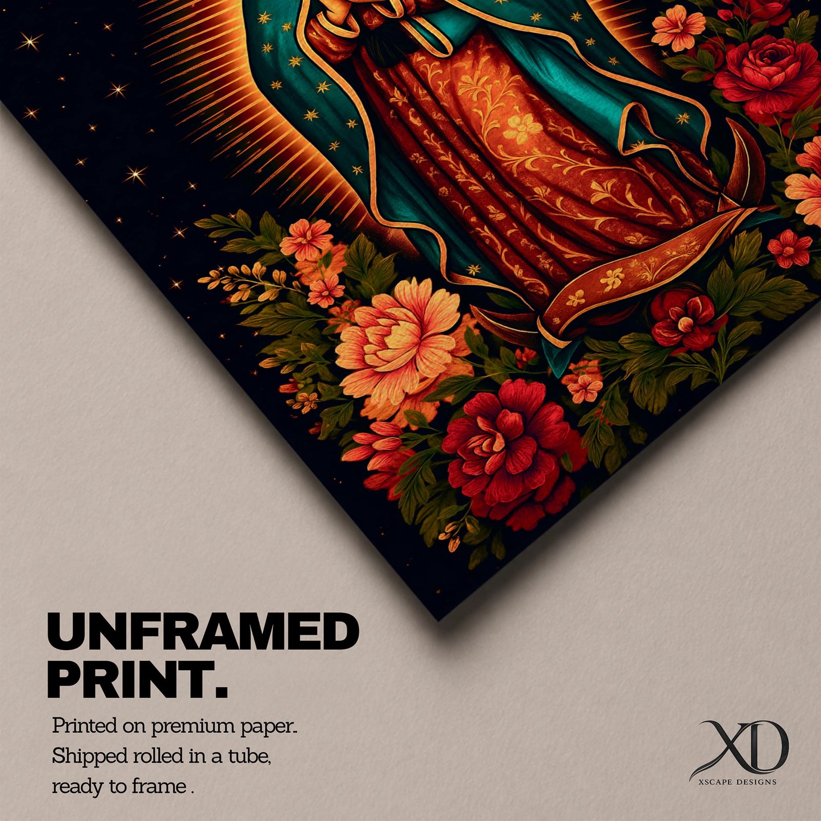 A detailed framed canvas wall art depicting Our Lady of Guadalupe standing with hands clasped in prayer, surrounded by radiant golden rays and vibrant floral arrangements, rendered in a classic Catholic style with rich symbolic elements and a dark starry background.