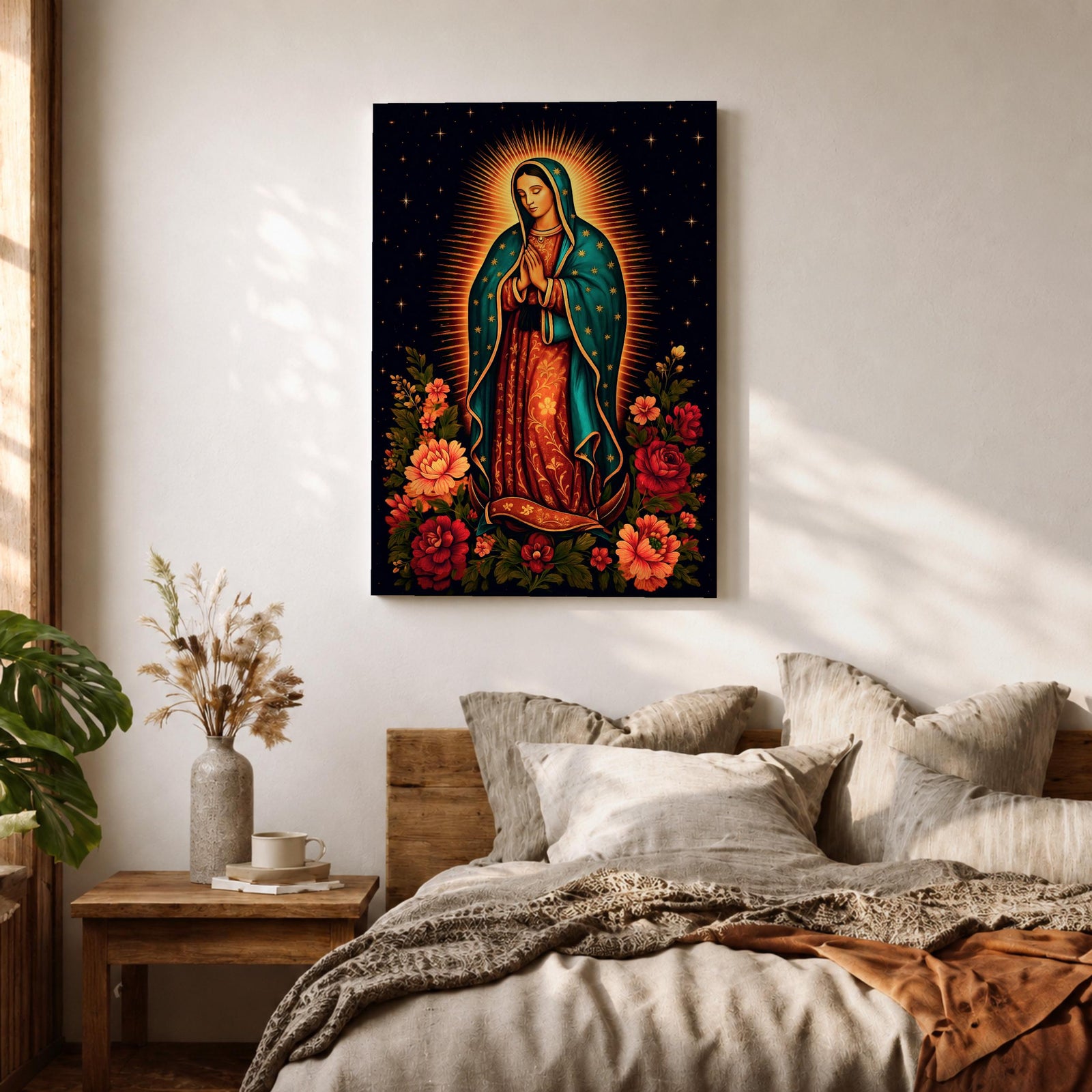 A detailed framed canvas wall art depicting Our Lady of Guadalupe standing with hands clasped in prayer, surrounded by radiant golden rays and vibrant floral arrangements, rendered in a classic Catholic style with rich symbolic elements and a dark starry background.