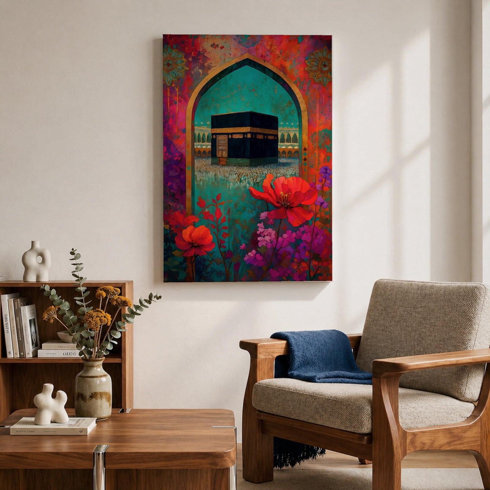 Boho-style artwork of the Kaaba at Masjid al-Haram framed by a decorative Islamic archway with vibrant flowers and rich jewel-toned colors.