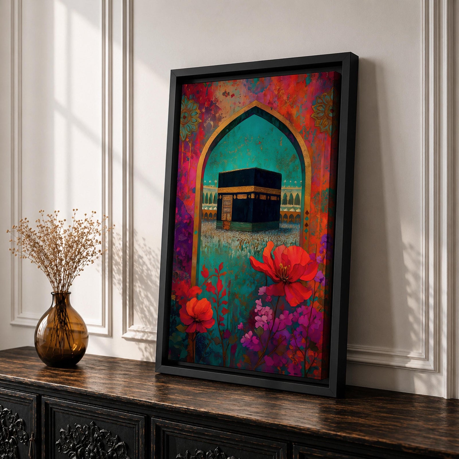 Boho-style artwork of the Kaaba at Masjid al-Haram framed by a decorative Islamic archway with vibrant flowers and rich jewel-toned colors.