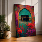 Boho-style artwork of the Kaaba at Masjid al-Haram framed by a decorative Islamic archway with vibrant flowers and rich jewel-toned colors.