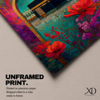 Boho-style artwork of the Kaaba at Masjid al-Haram framed by a decorative Islamic archway with vibrant flowers and rich jewel-toned colors.