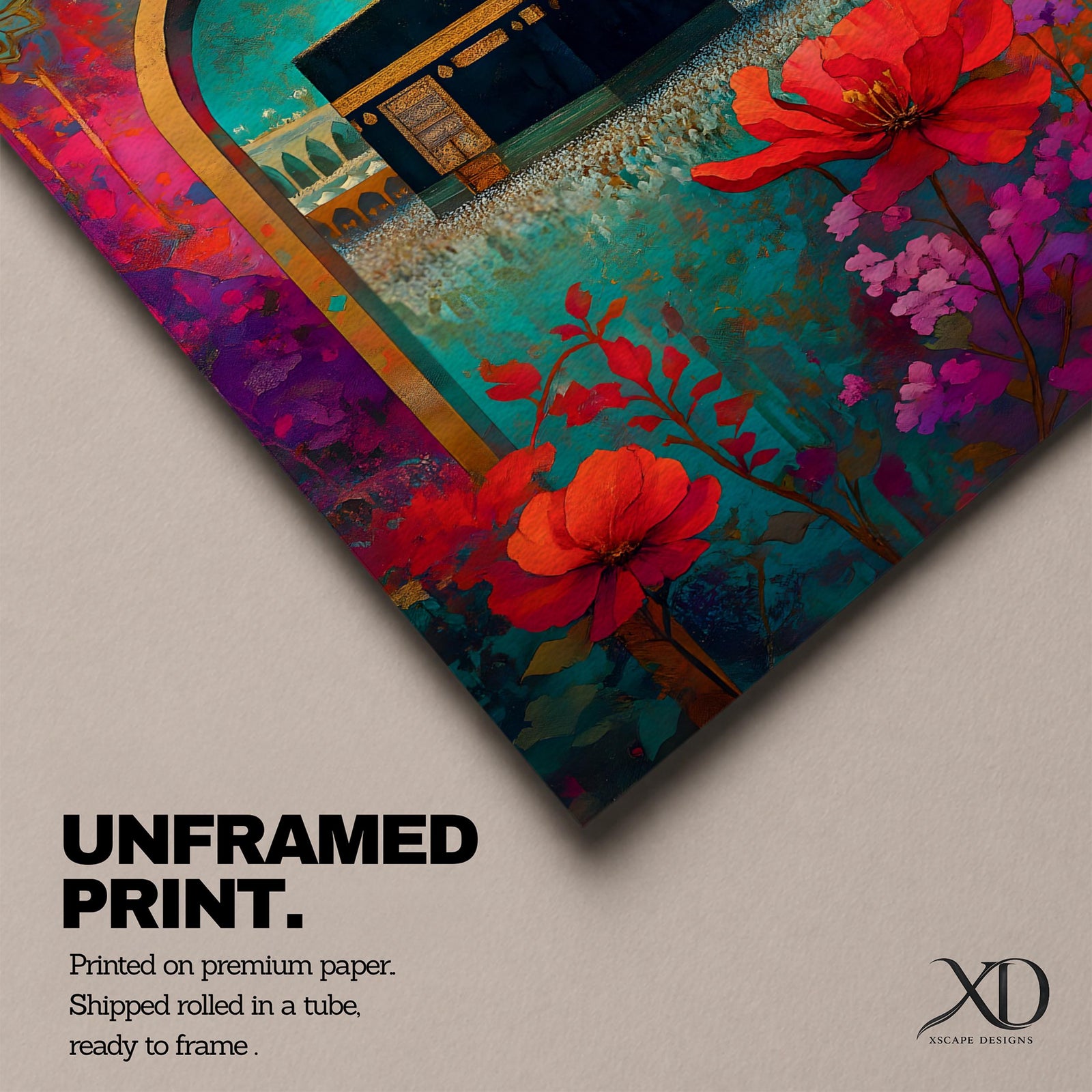 Boho-style artwork of the Kaaba at Masjid al-Haram framed by a decorative Islamic archway with vibrant flowers and rich jewel-toned colors.