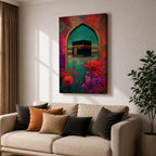 Boho-style artwork of the Kaaba at Masjid al-Haram framed by a decorative Islamic archway with vibrant flowers and rich jewel-toned colors.