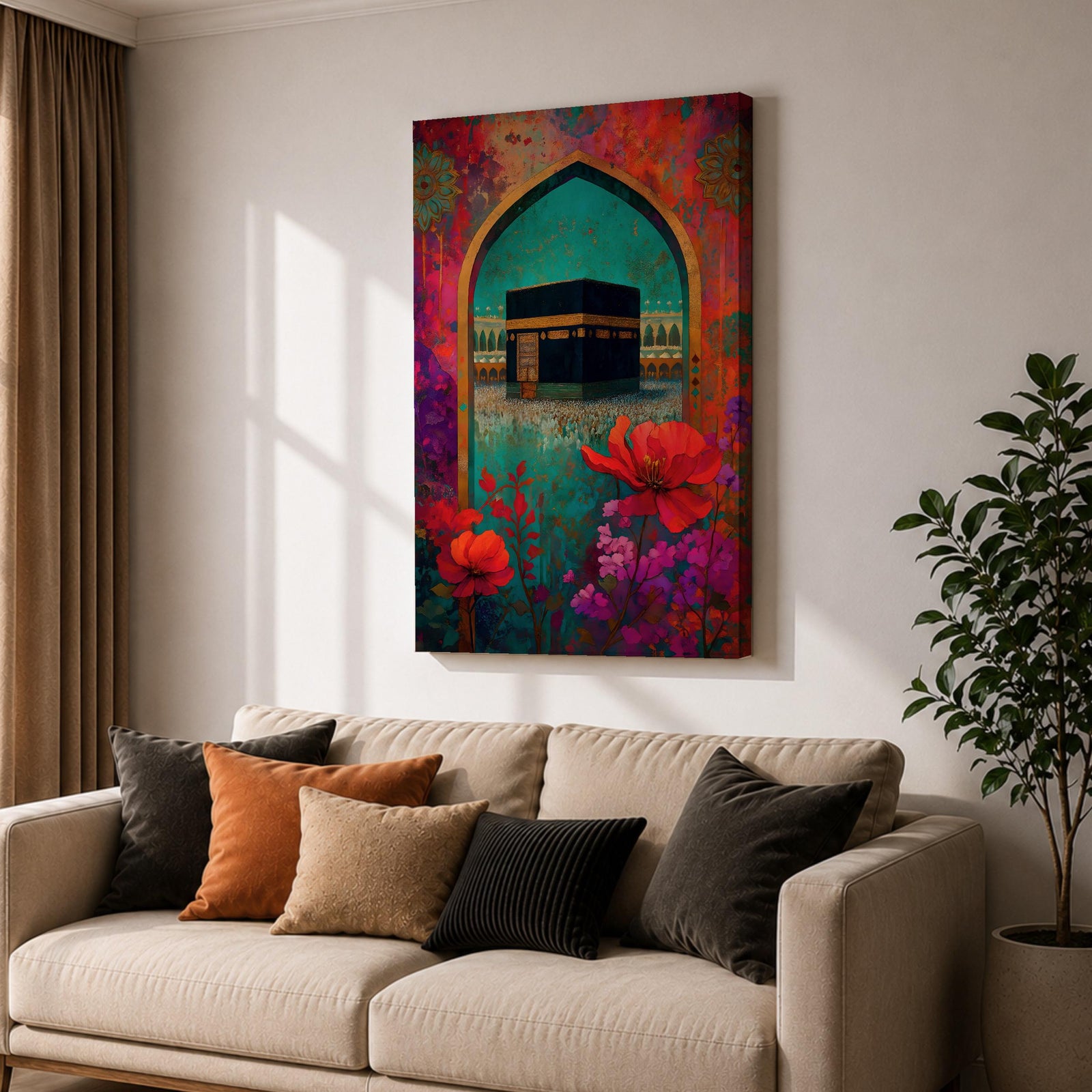 Boho-style artwork of the Kaaba at Masjid al-Haram framed by a decorative Islamic archway with vibrant flowers and rich jewel-toned colors.