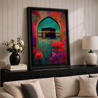 Boho-style artwork of the Kaaba at Masjid al-Haram framed by a decorative Islamic archway with vibrant flowers and rich jewel-toned colors.