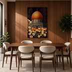 Artwork of the Dome of the Rock in Jerusalem with glowing golden dome at night surrounded by delicate white flowers.
