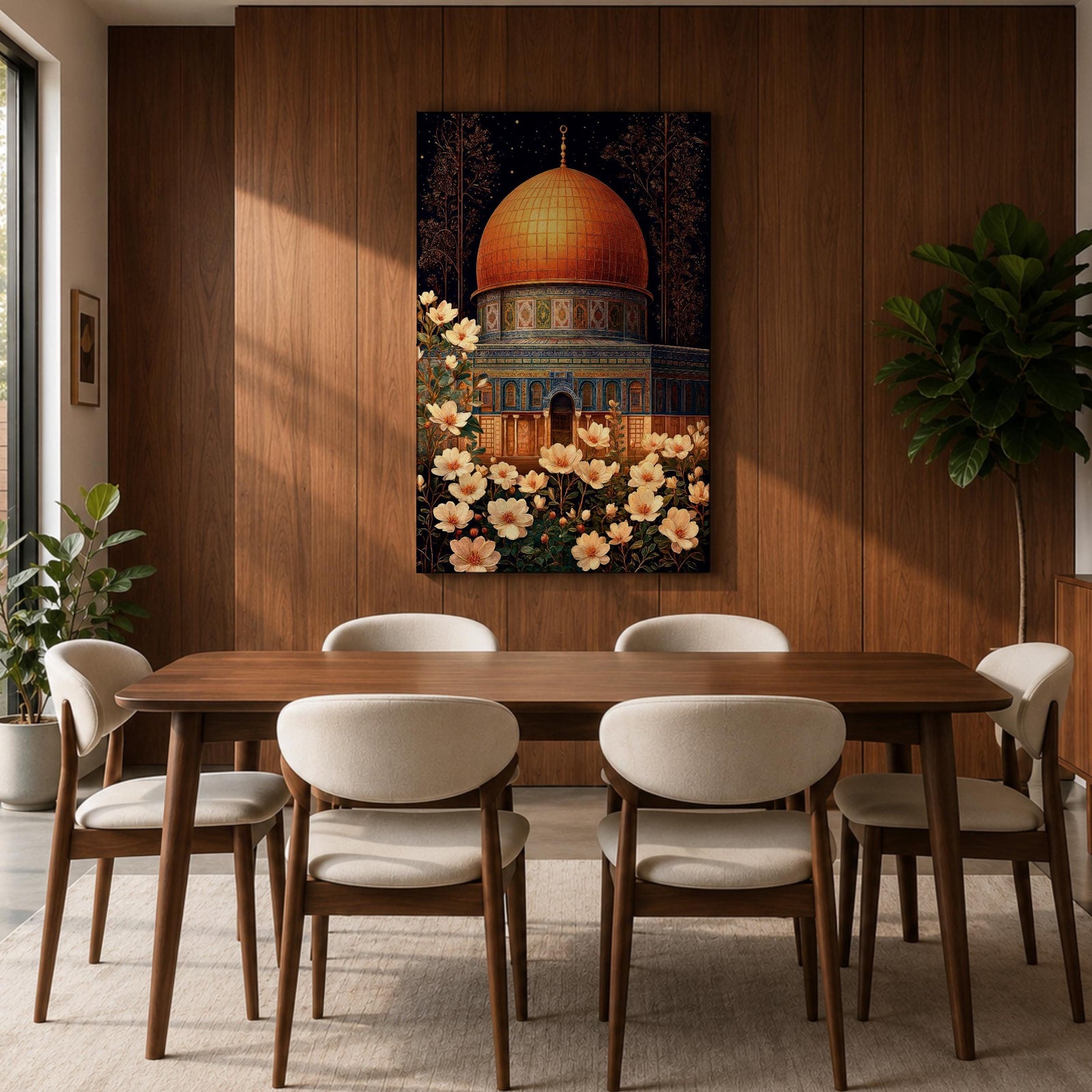 Artwork of the Dome of the Rock in Jerusalem with glowing golden dome at night surrounded by delicate white flowers.