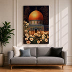 Artwork of the Dome of the Rock in Jerusalem with glowing golden dome at night surrounded by delicate white flowers.