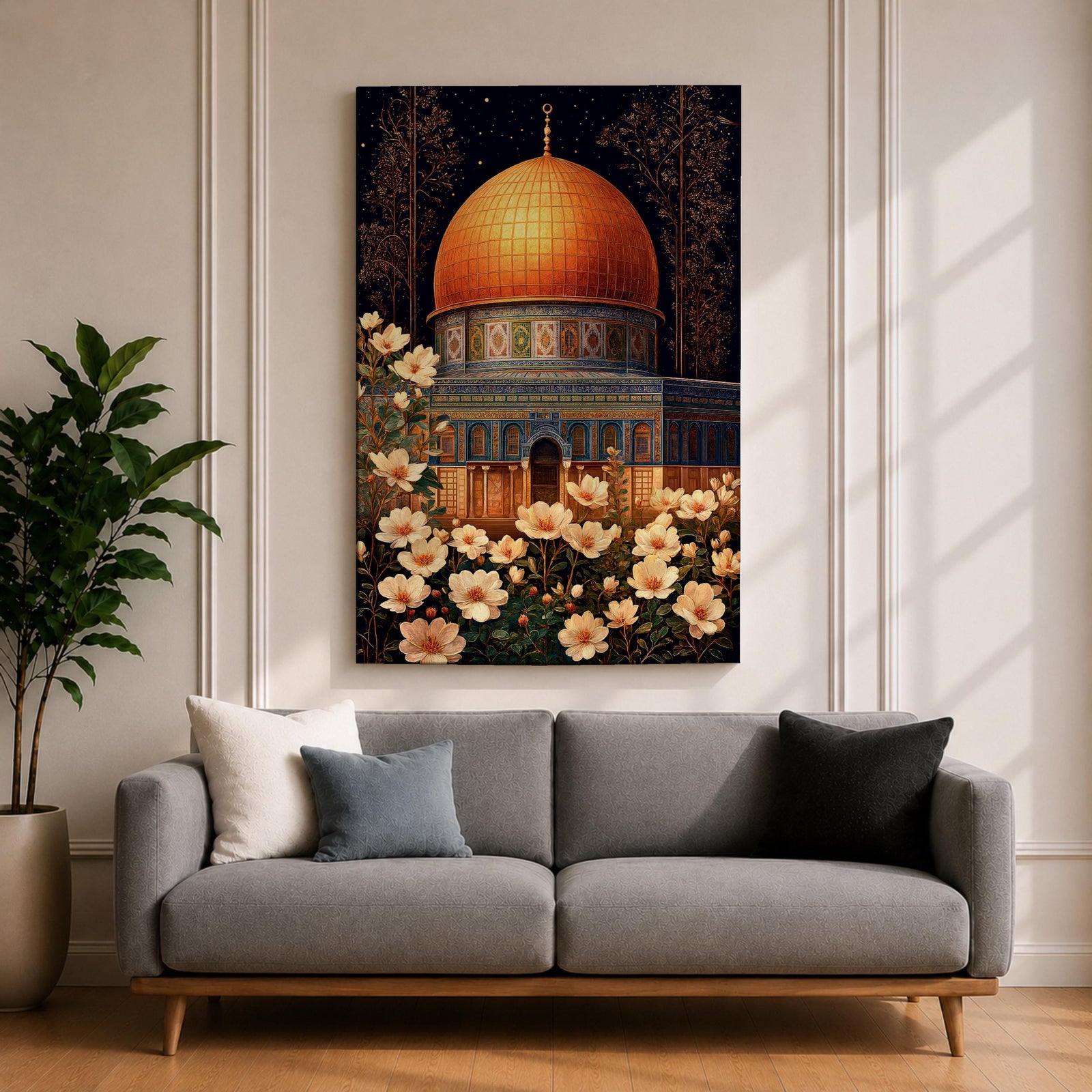 Artwork of the Dome of the Rock in Jerusalem with glowing golden dome at night surrounded by delicate white flowers.