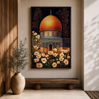 Artwork of the Dome of the Rock in Jerusalem with glowing golden dome at night surrounded by delicate white flowers.