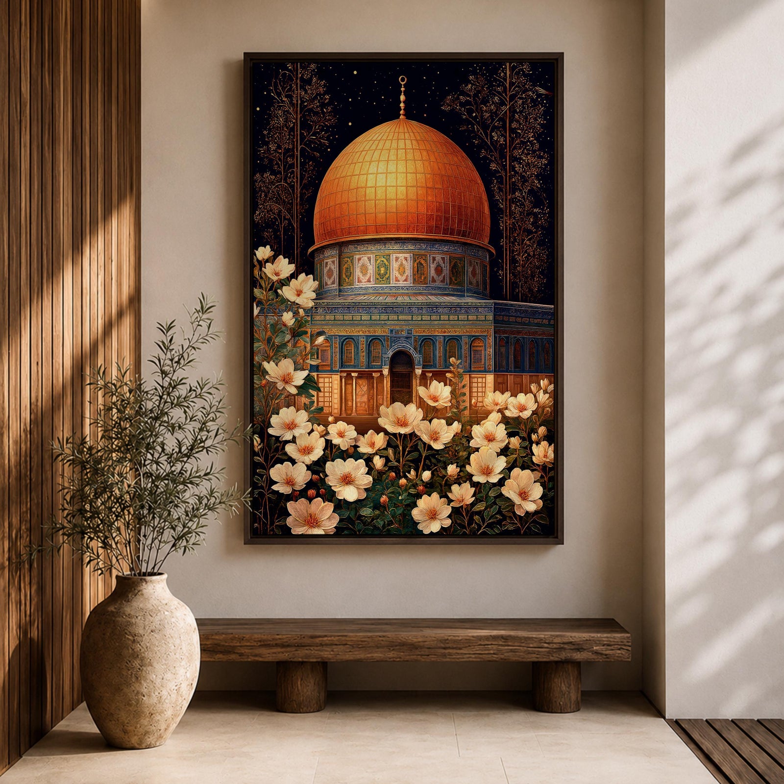 Artwork of the Dome of the Rock in Jerusalem with glowing golden dome at night surrounded by delicate white flowers.