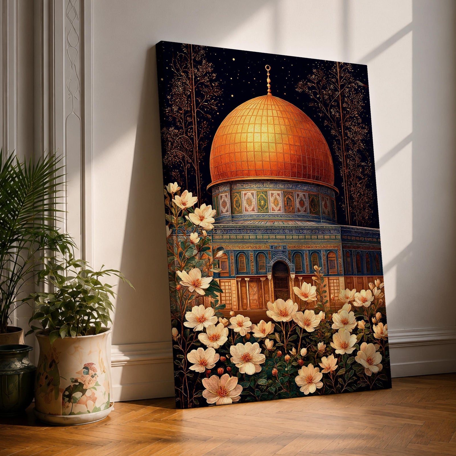 Artwork of the Dome of the Rock in Jerusalem with glowing golden dome at night surrounded by delicate white flowers.