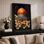 Artwork of the Dome of the Rock in Jerusalem with glowing golden dome at night surrounded by delicate white flowers.