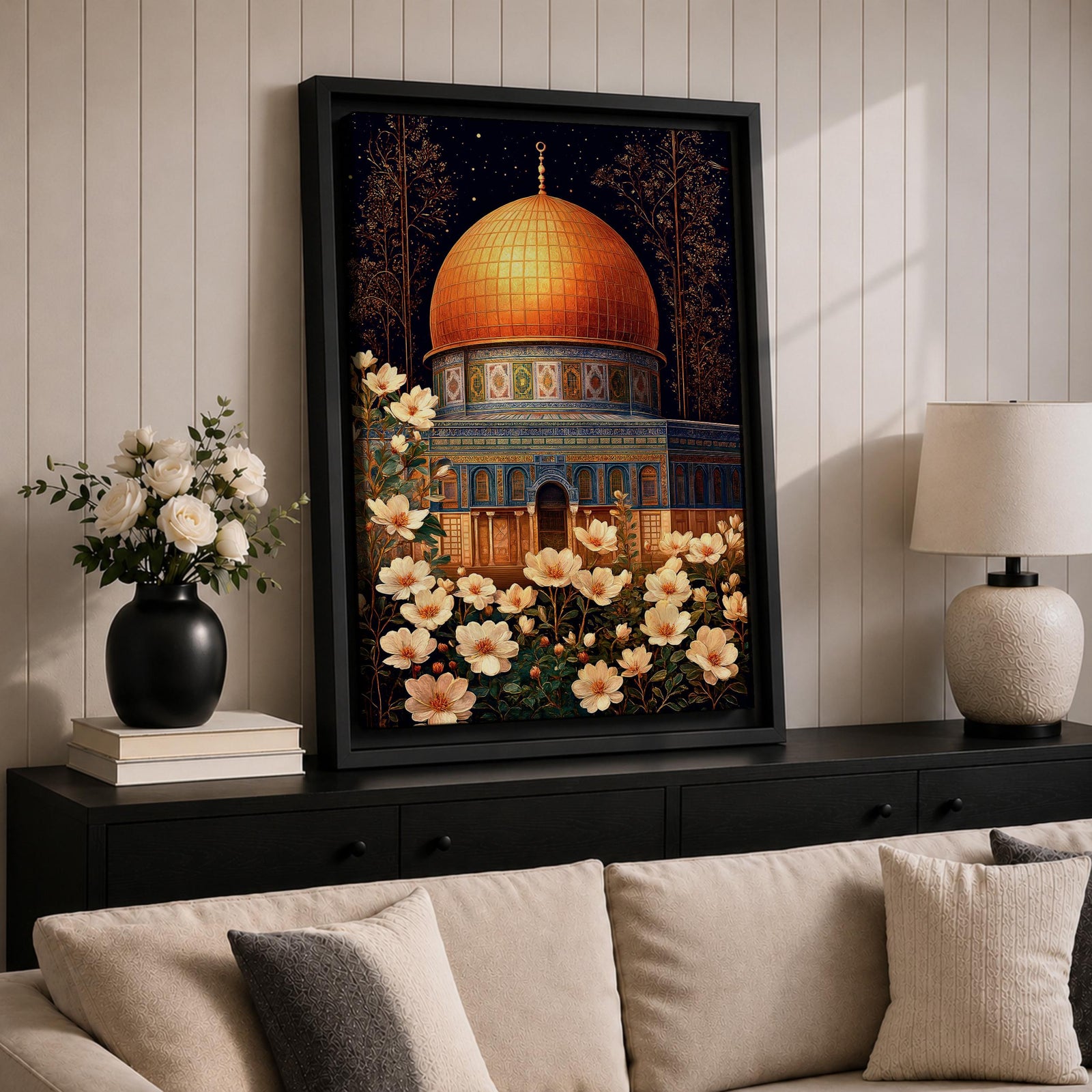 Artwork of the Dome of the Rock in Jerusalem with glowing golden dome at night surrounded by delicate white flowers.