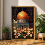 Artwork of the Dome of the Rock in Jerusalem with glowing golden dome at night surrounded by delicate white flowers.