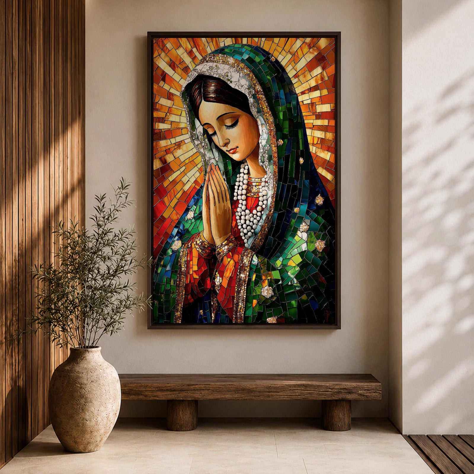 A mosaic-style artwork of the Virgin Mary depicted as a praying Madonna, featuring intricate tile-like fragments forming her serene face, hands clasped in prayer, and a radiant halo background, rendered in vibrant colors with detailed shading and a framed canvas presentation.