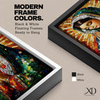 A mosaic-style artwork of the Virgin Mary depicted as a praying Madonna, featuring intricate tile-like fragments forming her serene face, hands clasped in prayer, and a radiant halo background, rendered in vibrant colors with detailed shading and a framed canvas presentation.