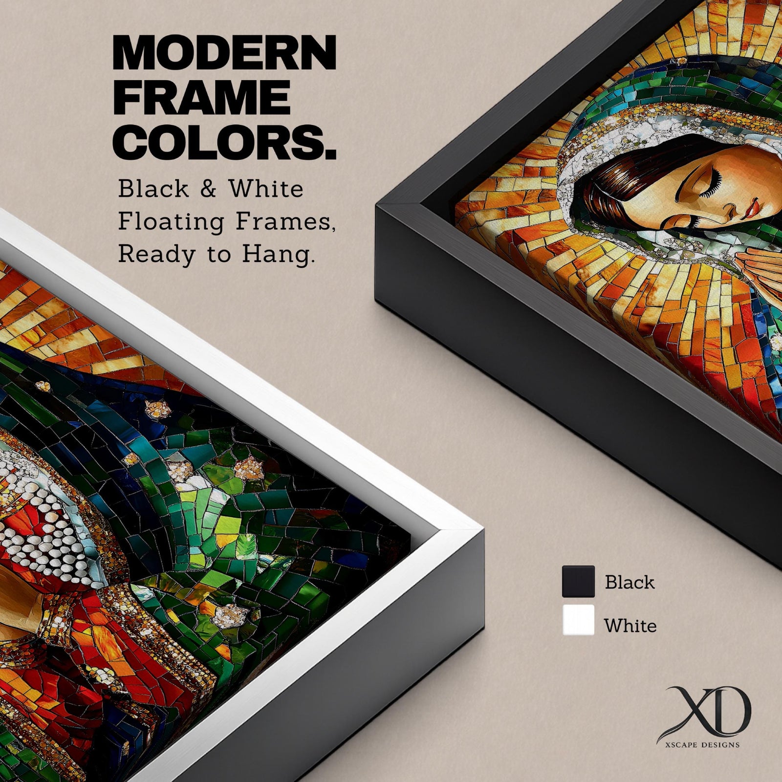 A mosaic-style artwork of the Virgin Mary depicted as a praying Madonna, featuring intricate tile-like fragments forming her serene face, hands clasped in prayer, and a radiant halo background, rendered in vibrant colors with detailed shading and a framed canvas presentation.