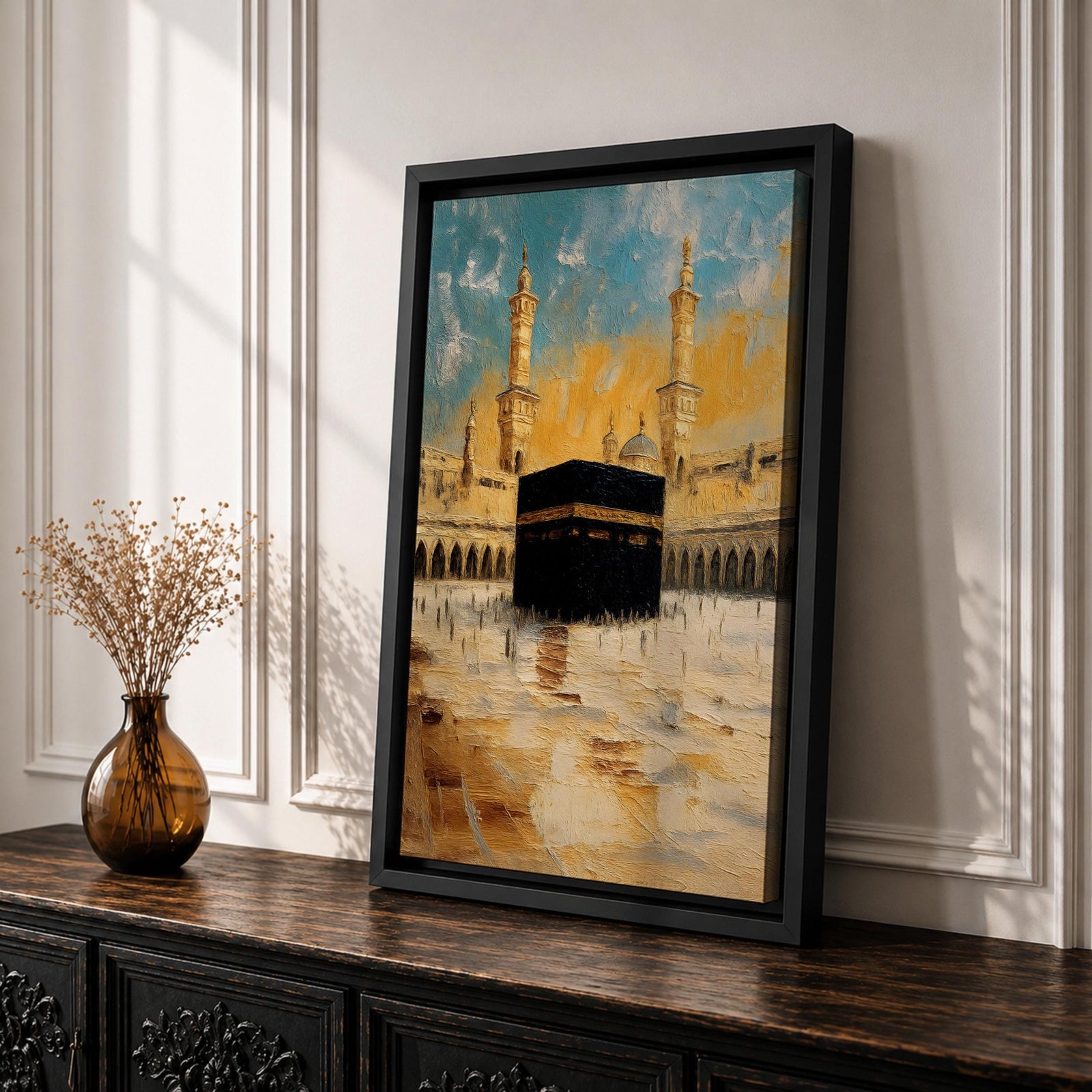 Impressionist-style painting of the Kaaba at Masjid al-Haram in Mecca with warm golden tones and soft textured brush strokes.