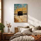 Impressionist-style painting of the Kaaba at Masjid al-Haram in Mecca with warm golden tones and soft textured brush strokes.