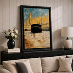 Impressionist-style painting of the Kaaba at Masjid al-Haram in Mecca with warm golden tones and soft textured brush strokes.