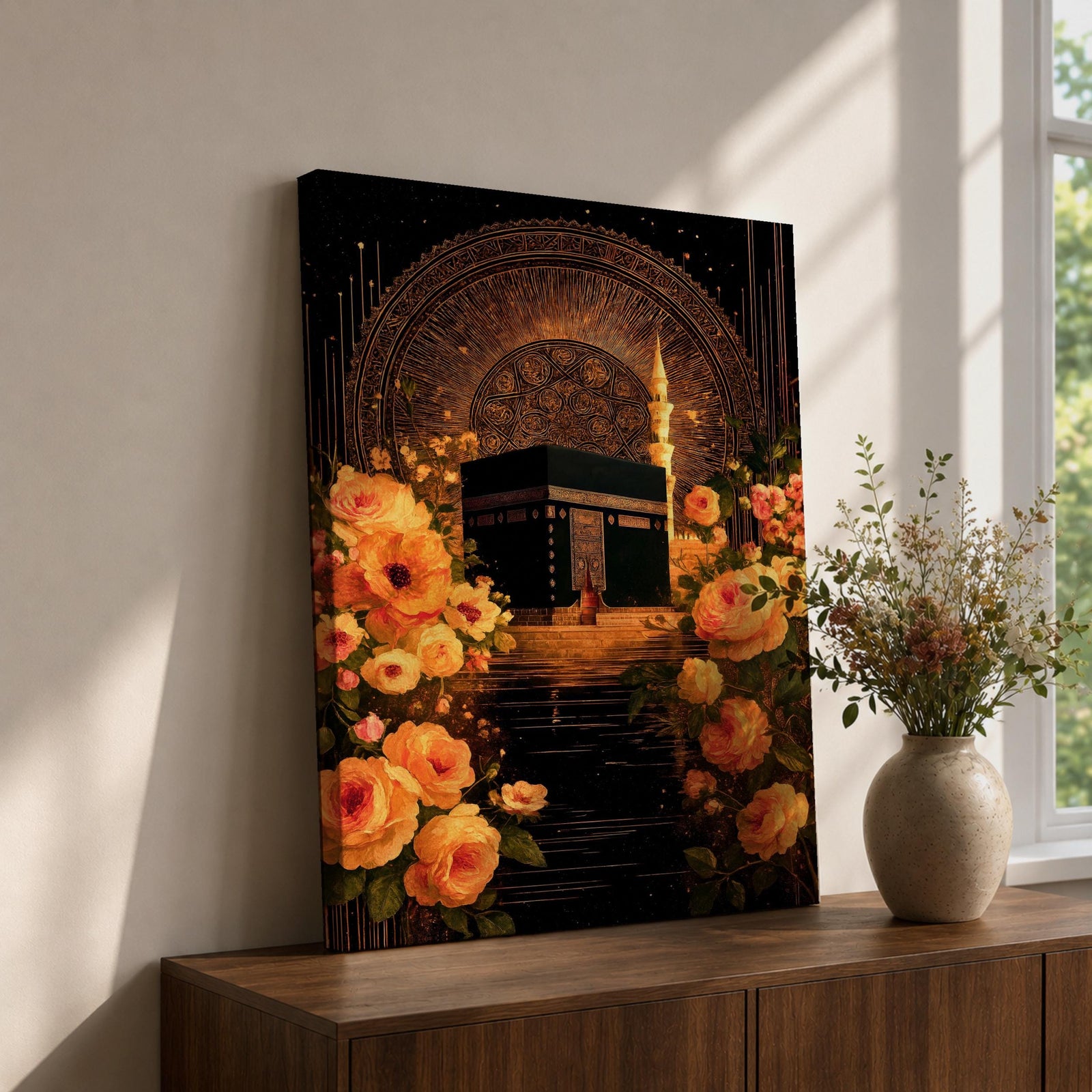 Vintage Ottoman-style artwork of the Kaaba at Masjid al-Haram framed by floral elements and ornate Islamic arch patterns at night.