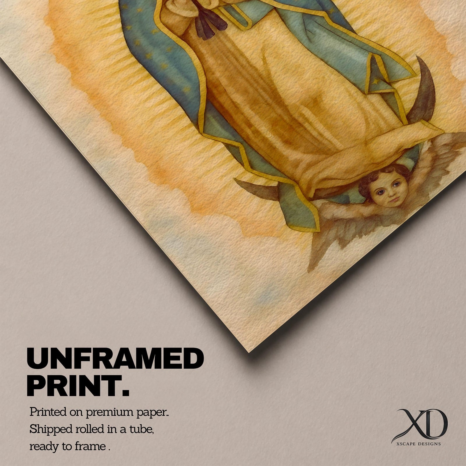 A framed vintage-style depiction of Our Lady of Guadalupe showing the Virgin Mary with hands clasped in prayer, surrounded by a glowing aura and standing on a crescent moon held by an angelic cherub, rendered with soft, aged textures and warm tones.