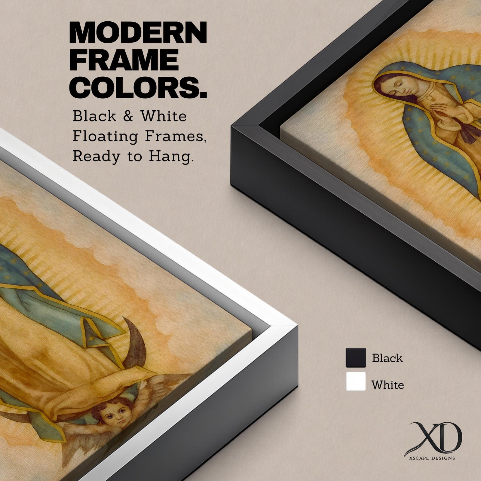 A framed vintage-style depiction of Our Lady of Guadalupe showing the Virgin Mary with hands clasped in prayer, surrounded by a glowing aura and standing on a crescent moon held by an angelic cherub, rendered with soft, aged textures and warm tones.