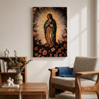 A detailed framed canvas depicting Our Lady of Guadalupe, also known as Virgin of Guadalupe, surrounded by floral motifs. The artwork features a traditional religious figure with a radiant halo and a floral border, rendered in a classic style suitable for Catholic-themed decor.