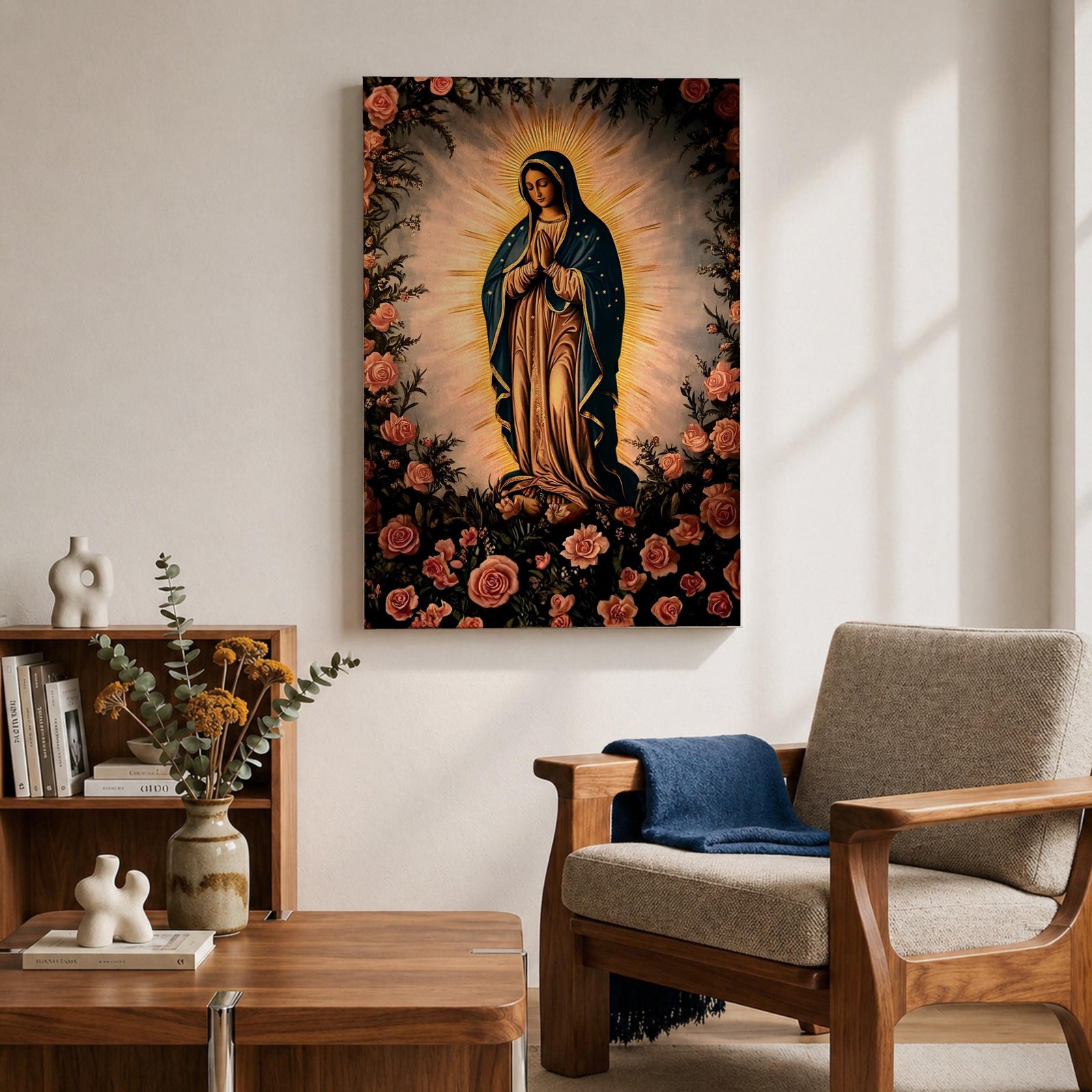 A detailed framed canvas depicting Our Lady of Guadalupe, also known as Virgin of Guadalupe, surrounded by floral motifs. The artwork features a traditional religious figure with a radiant halo and a floral border, rendered in a classic style suitable for Catholic-themed decor.